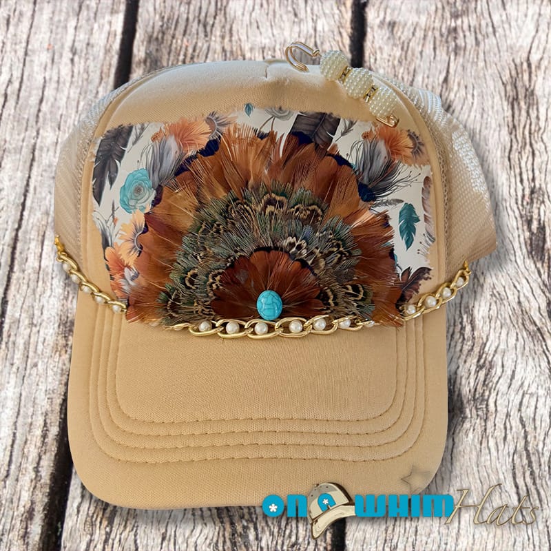 On A Whim Hats Feathers Handmade Trucker Hat w/ Genuine Feather Patch