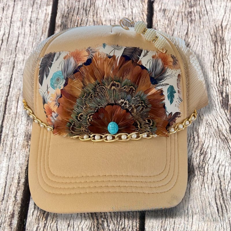 On A Whim Hats Feathers Handmade Trucker Hat w/ Genuine Feather Patch