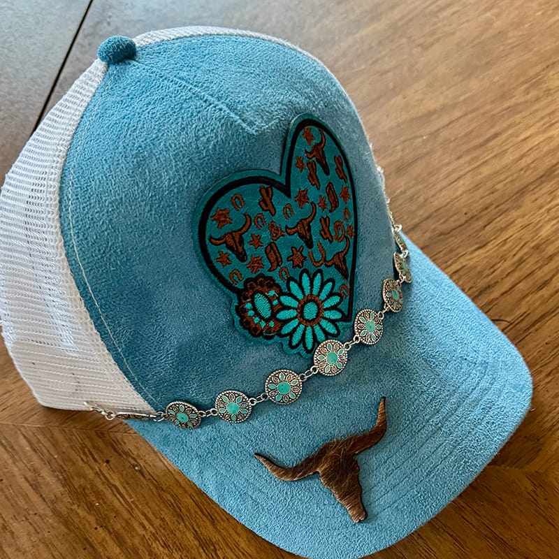 On A Whim Hats Feeling Blue Handmade Vegan Suede Trucker Hat with Leather Patch
