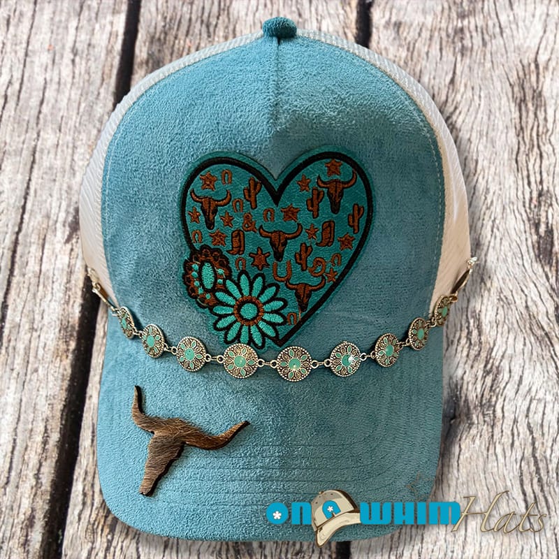 On A Whim Hats Feeling Blue Handmade Vegan Suede Trucker Hat with Leather Patch