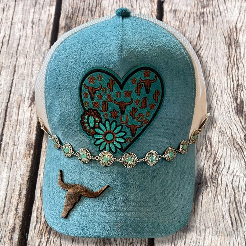 On A Whim Hats Feeling Blue Handmade Vegan Suede Trucker Hat with Leather Patch