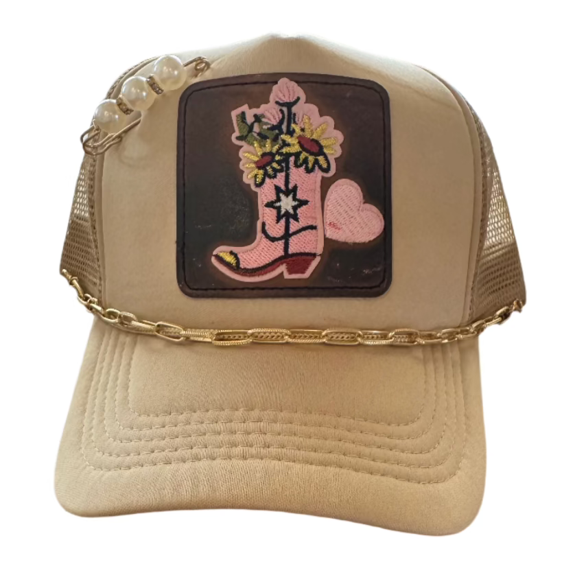 On A Whim Hats Flower Boot Handmade Trucker Hat with Faux Leather and Chain
