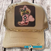 On A Whim Hats Flower Boot Handmade Trucker Hat with Faux Leather and Chain