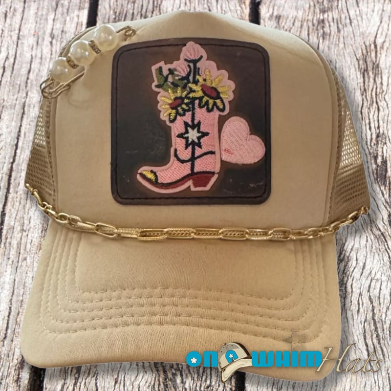 On A Whim Hats Flower Boot Handmade Trucker Hat with Faux Leather and Chain