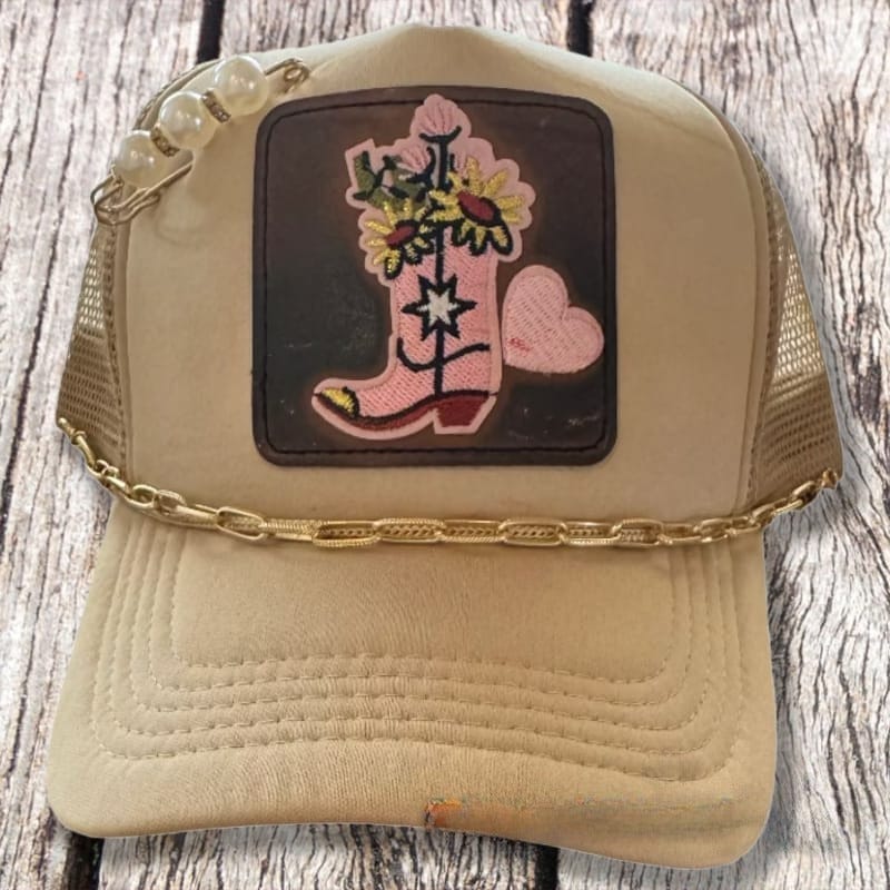 On A Whim Hats Flower Boot Handmade Trucker Hat with Faux Leather and Chain