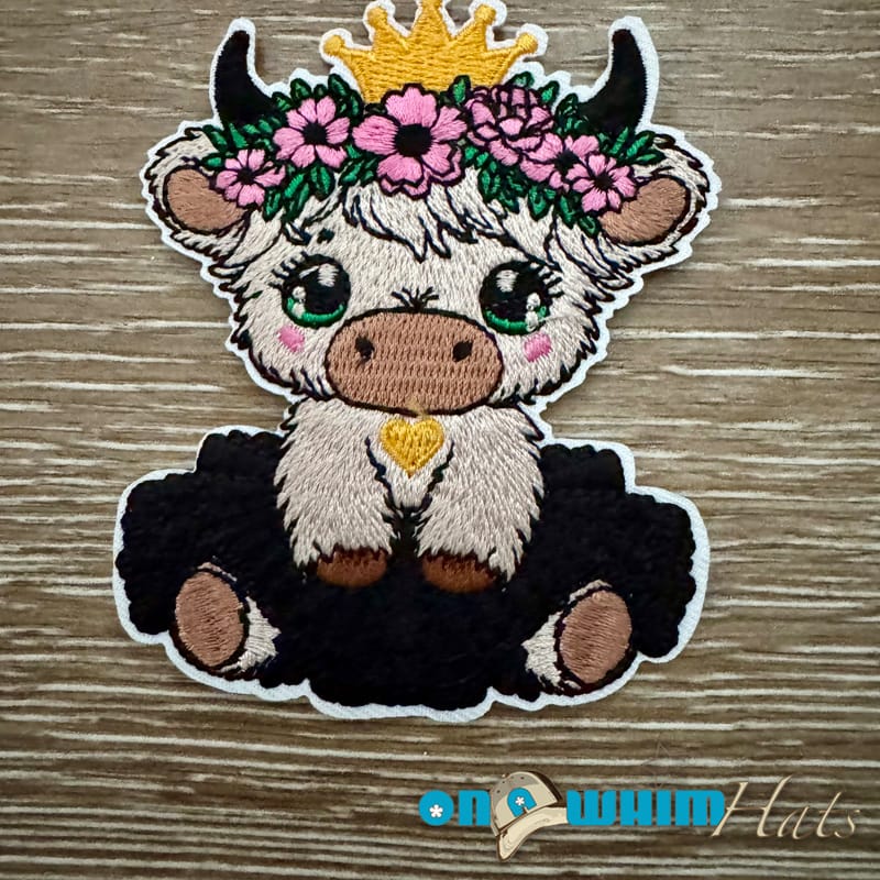 On A Whim Hats Flower Highland Cow Iron-On Patch