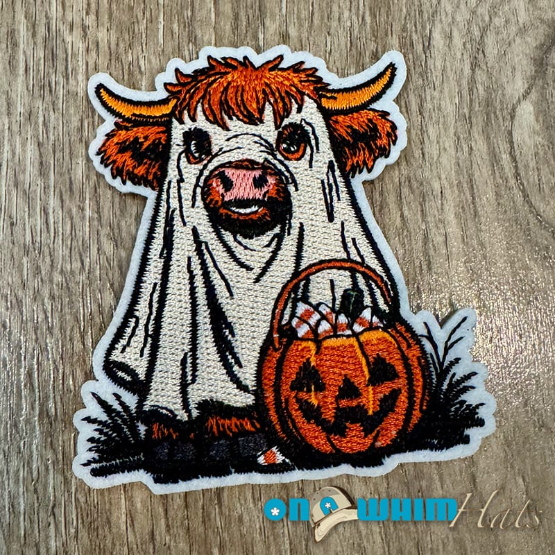 On A Whim Hats Ghost Highland Cow Iron-On Patch