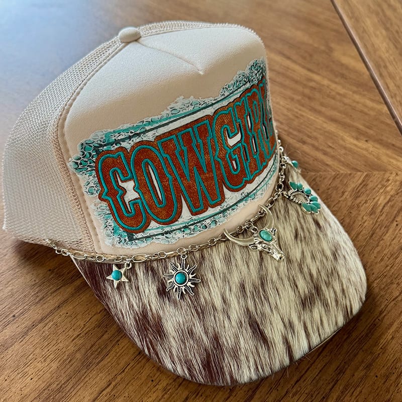 On A Whim Hats Giddy Up Cowgirl Handmade Trucker Hat with Genuine Cowhide Brim
