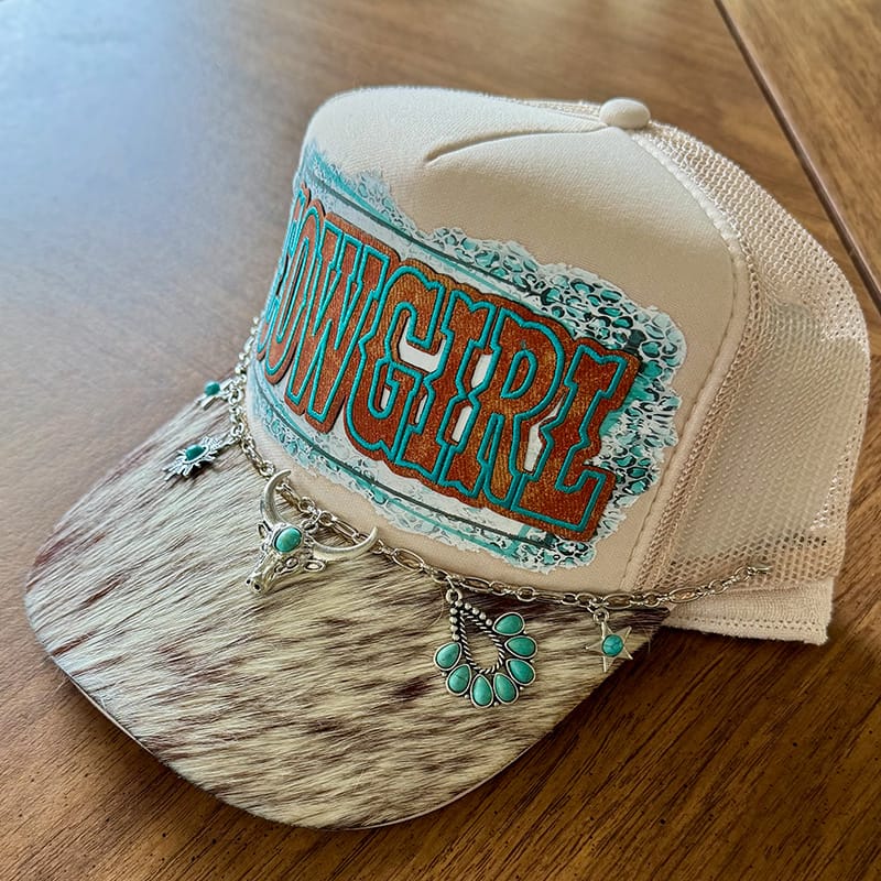 On A Whim Hats Giddy Up Cowgirl Handmade Trucker Hat with Genuine Cowhide Brim