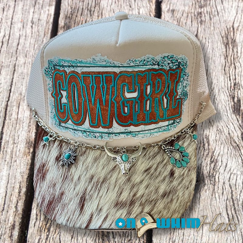 On A Whim Hats Giddy Up Cowgirl Handmade Trucker Hat with Genuine Cowhide Brim
