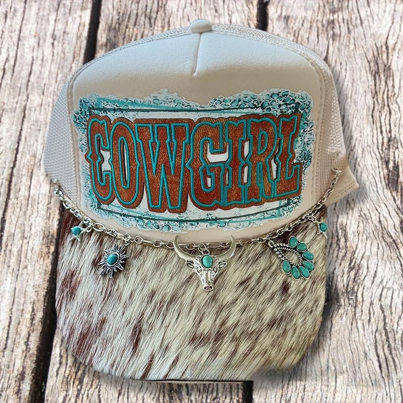 On A Whim Hats Giddy Up Cowgirl Handmade Trucker Hat with Genuine Cowhide Brim