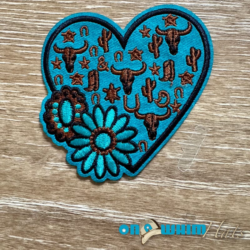 On A Whim Hats Giddy Up Heart Blue Leather Iron-On Patch