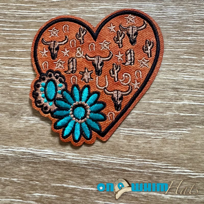 On A Whim Hats Giddy Up Heart Leather Iron-On Patch