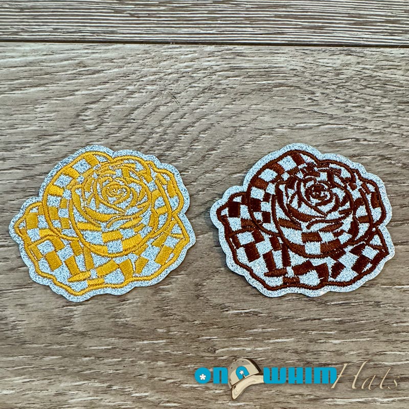 On A Whim Hats Glitter Checkered Roses Embroidered Iron-On Patch