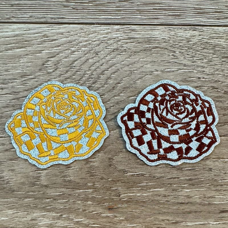On A Whim Hats Glitter Checkered Roses Embroidered Iron-On Patch