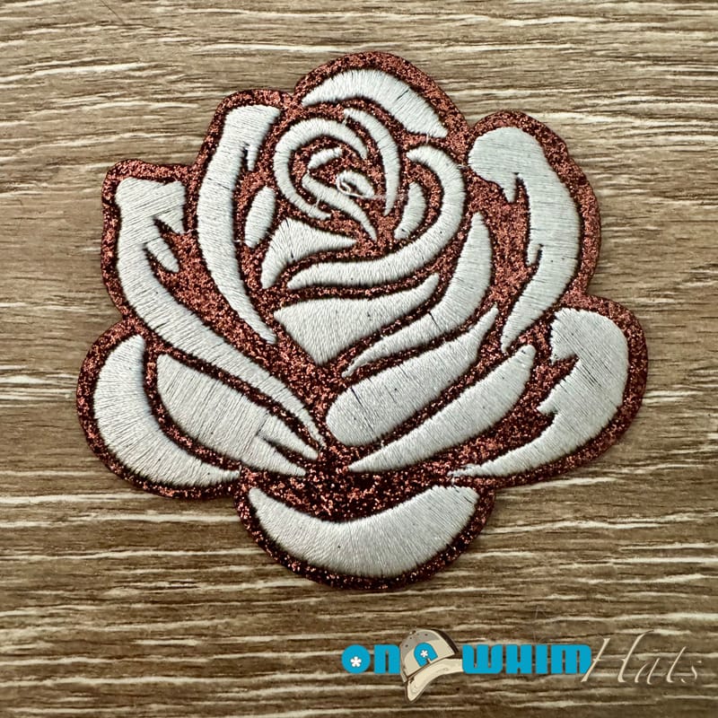 On A Whim Hats Glitter Rose Iron-On Patch - White