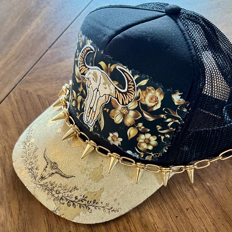 On A Whim Hats Golden Girl Handmade Trucker Hat with Genuine Cowhide Brim