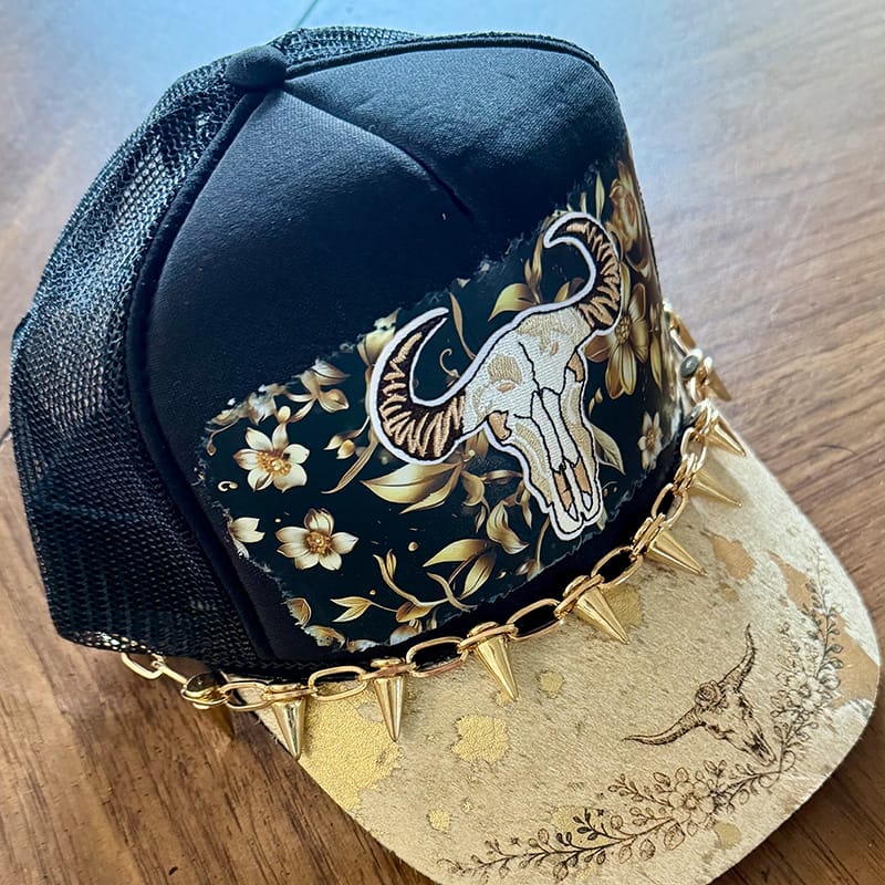 On A Whim Hats Golden Girl Handmade Trucker Hat with Genuine Cowhide Brim