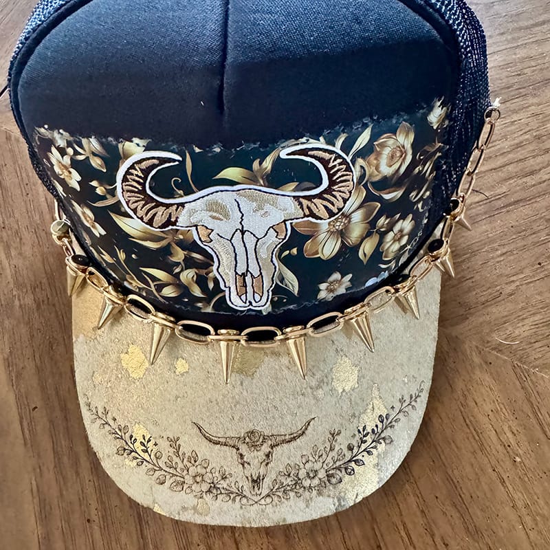 On A Whim Hats Golden Girl Handmade Trucker Hat with Genuine Cowhide Brim
