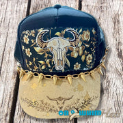 On A Whim Hats Golden Girl Handmade Trucker Hat with Genuine Cowhide Brim