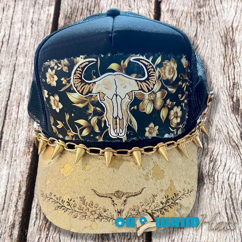 On A Whim Hats Golden Girl Handmade Trucker Hat with Genuine Cowhide Brim
