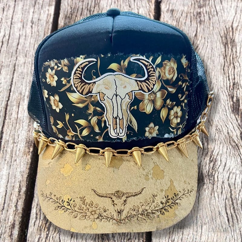 On A Whim Hats Golden Girl Handmade Trucker Hat with Genuine Cowhide Brim