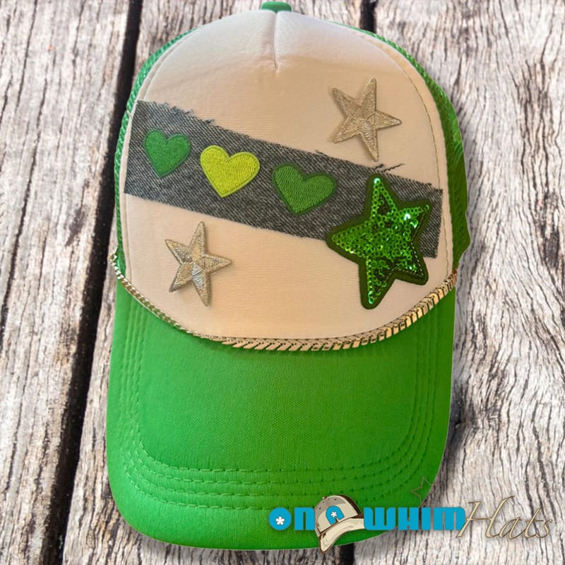 On A Whim Hats Green with Envy Handmade Trucker Hat with Recycled Denim