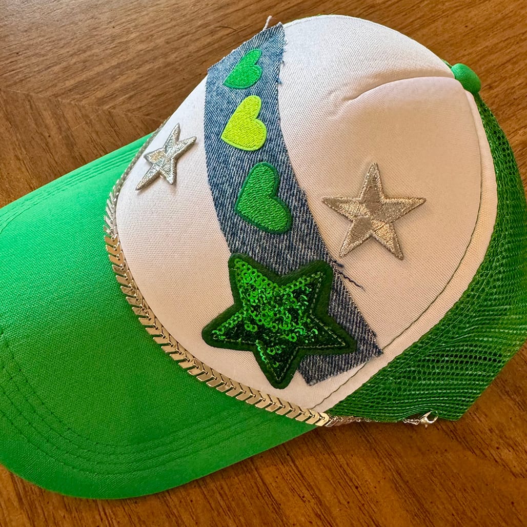 On A Whim Hats Green with Envy Handmade Trucker Hat with Recycled Denim
