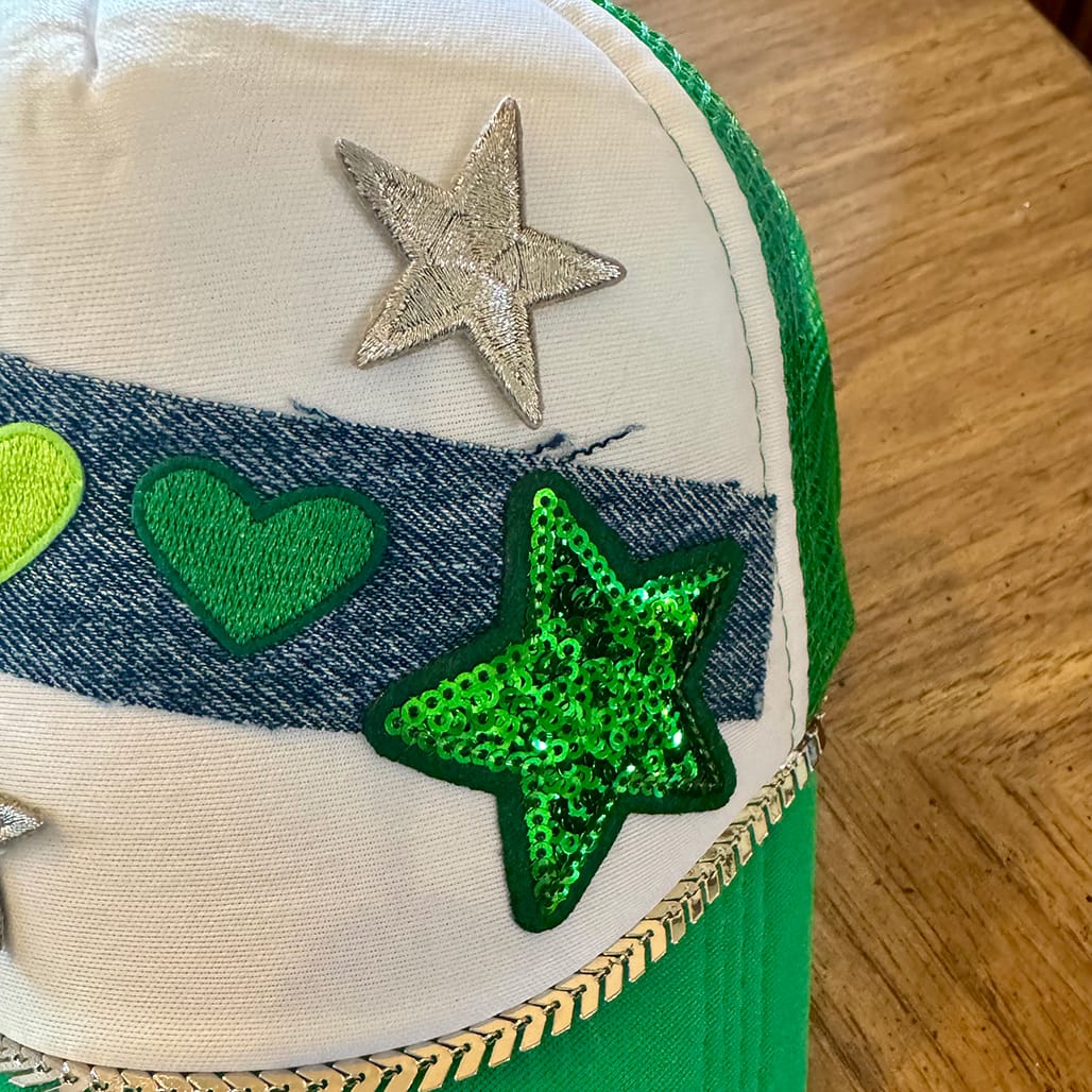 On A Whim Hats Green with Envy Handmade Trucker Hat with Recycled Denim