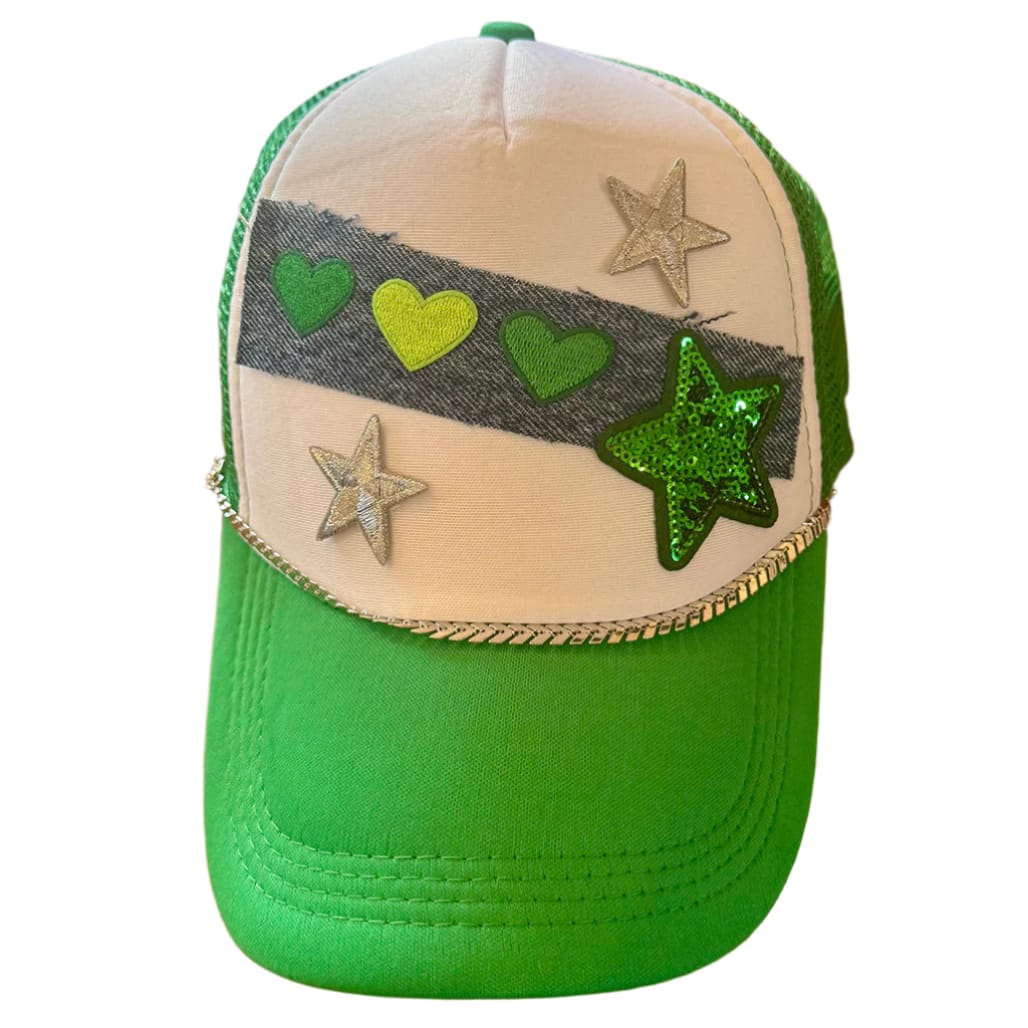 On A Whim Hats Green with Envy Handmade Trucker Hat with Recycled Denim