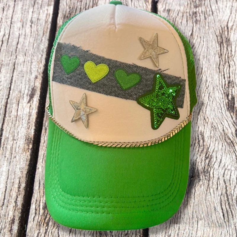 On A Whim Hats Green with Envy Handmade Trucker Hat with Recycled Denim