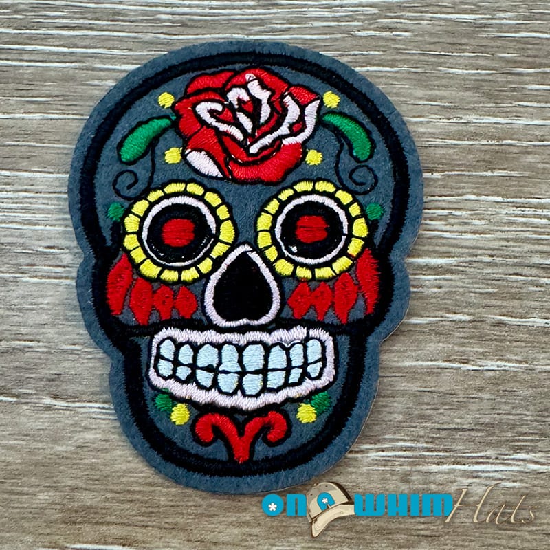 On A Whim Hats Grey Candy Skull Iron-On Patch