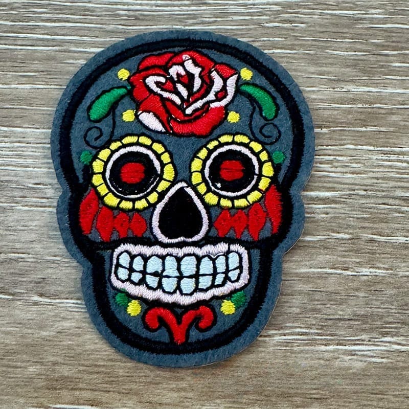 On A Whim Hats Grey Candy Skull Iron-On Patch