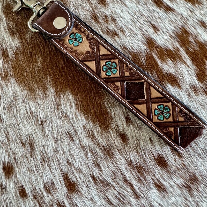 Genuine cowhide and tooled leather flower key fob with keyring