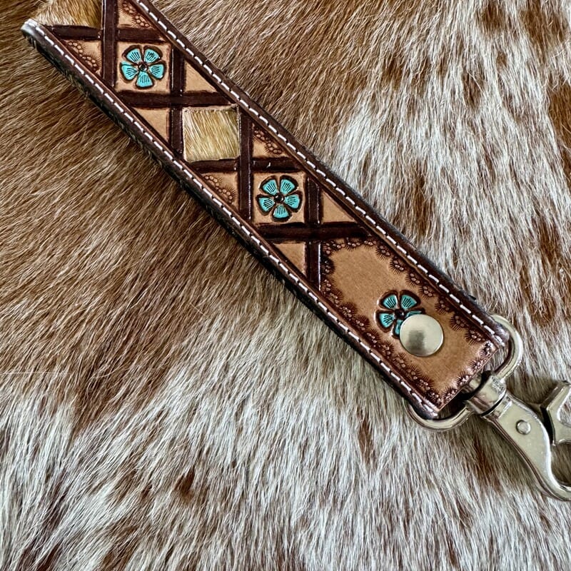 Hand-tooled floral cowhide and leather key fob by On A Whim Hats