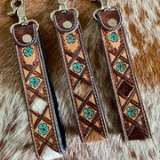 Hand-tooled floral leather and genuine cowhide key fob with keyring by On A Whim Hats