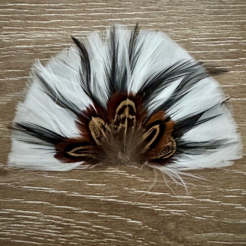 Natural pheasant feather hat accent in black, white and copper plumage by On A Whim Hats