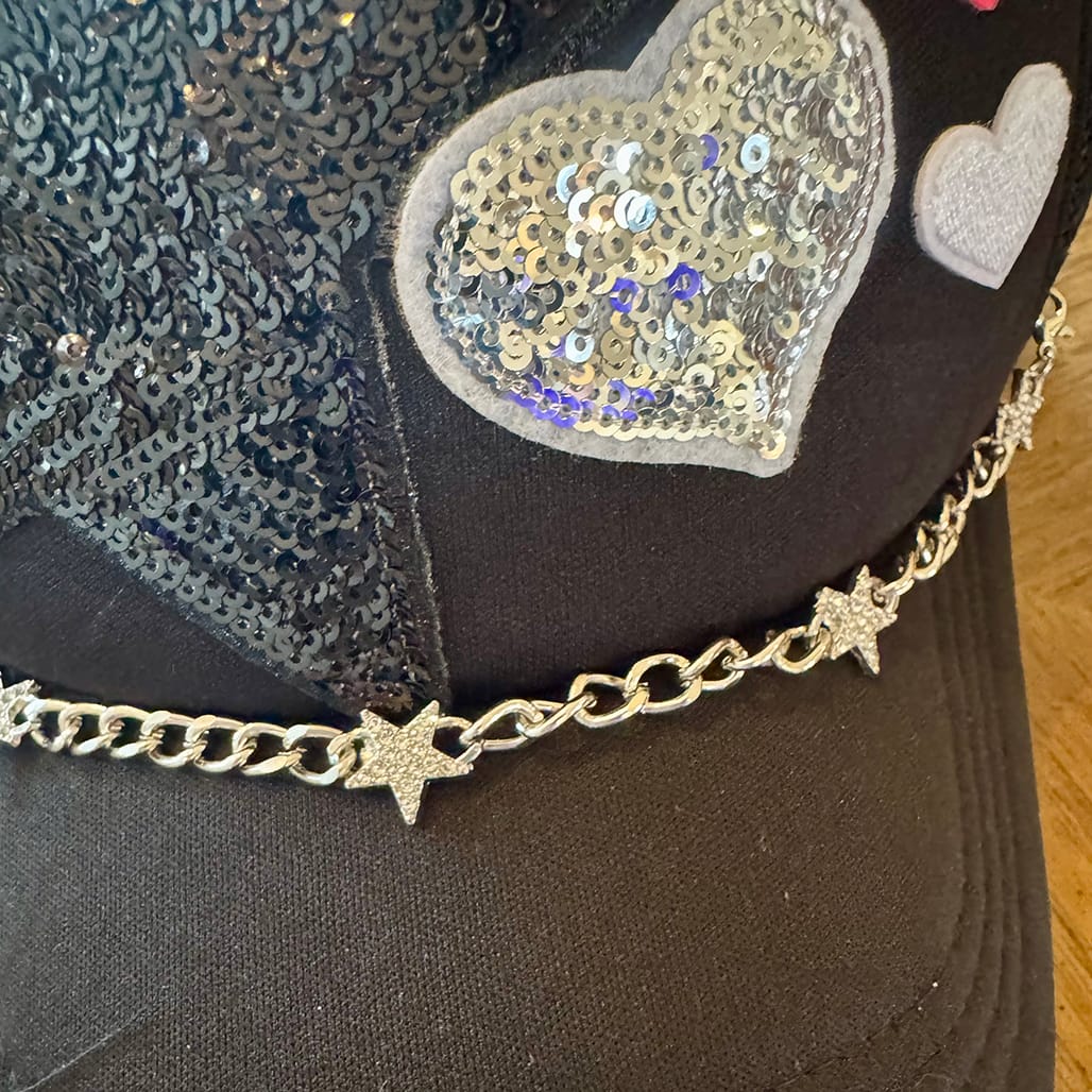 On A Whim Hats Heart-Stopper Handmade Trucker Hat with Rhinestone Hat Chain