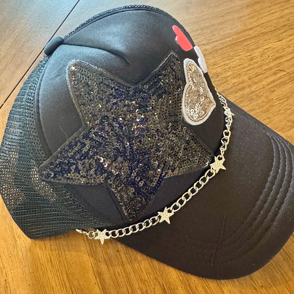 On A Whim Hats Heart-Stopper Handmade Trucker Hat with Rhinestone Hat Chain