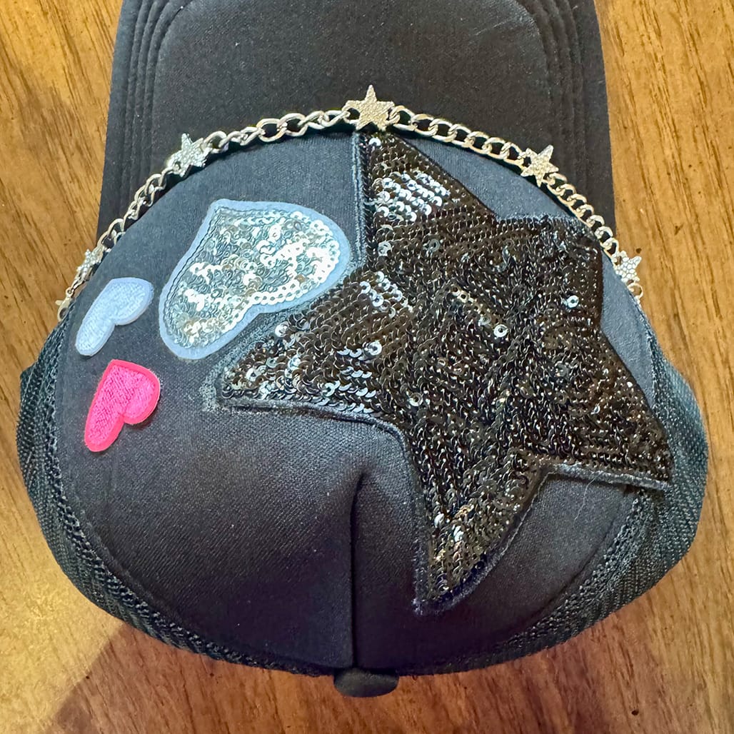 On A Whim Hats Heart-Stopper Handmade Trucker Hat with Rhinestone Hat Chain