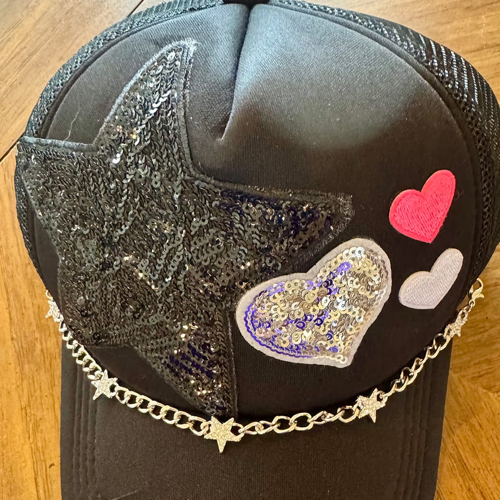 On A Whim Hats Heart-Stopper Handmade Trucker Hat with Rhinestone Hat Chain