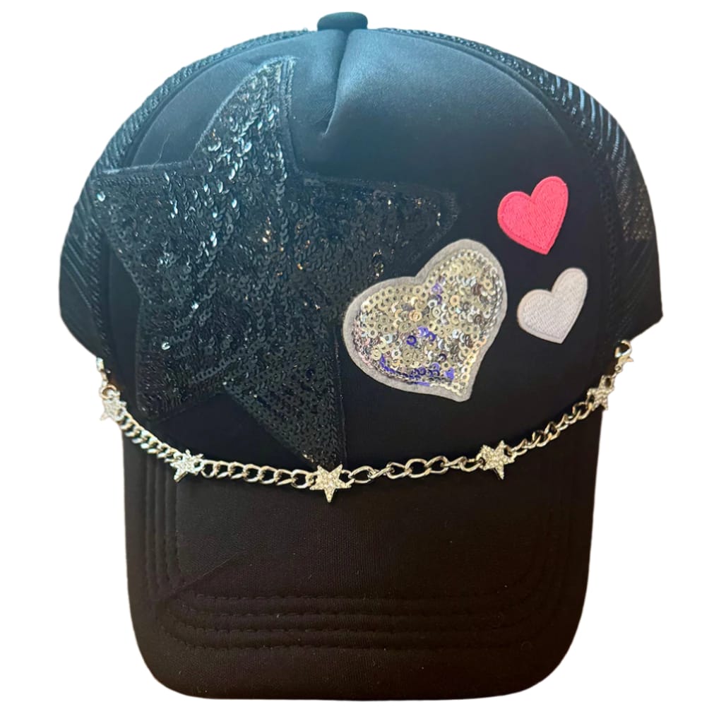 On A Whim Hats Heart-Stopper Handmade Trucker Hat with Rhinestone Hat Chain