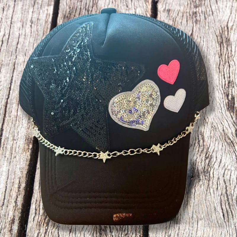 On A Whim Hats Heart-Stopper Handmade Trucker Hat with Rhinestone Hat Chain