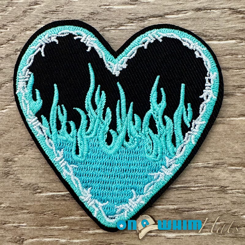On A Whim Hats Hearts on Fire Turquoise Embroidered Iron-On Patch