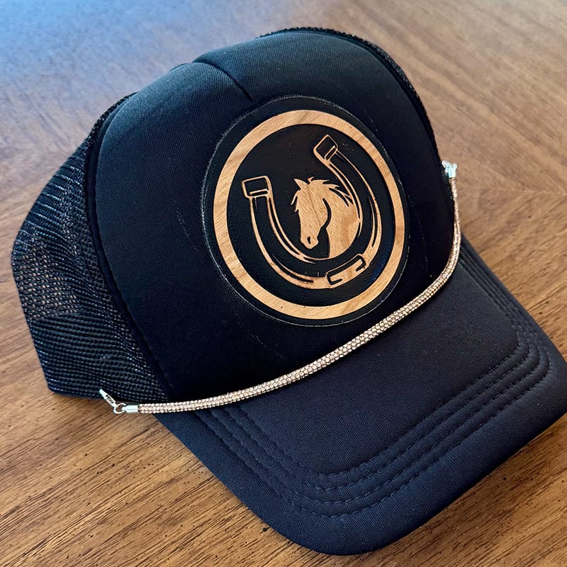 On a whim Hats Horse Lover Handmade Trucker Hat with Wood and Leather Patch