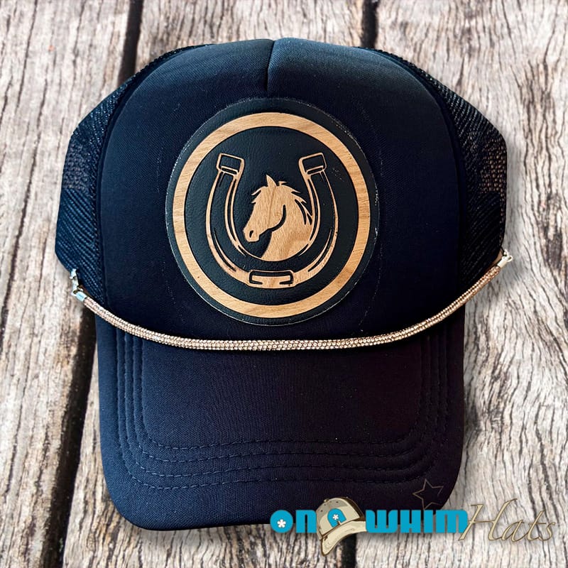 On a whim Hats Horse Lover Handmade Trucker Hat with Wood and Leather Patch