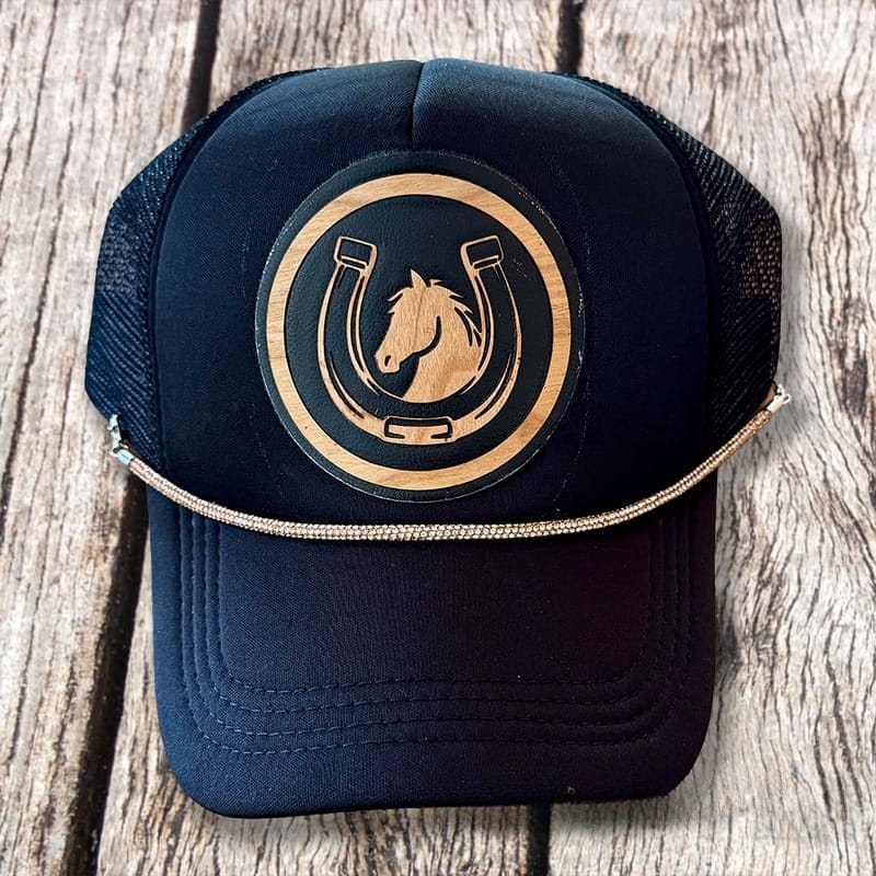 On a whim Hats Horse Lover Handmade Trucker Hat with Wood and Leather Patch