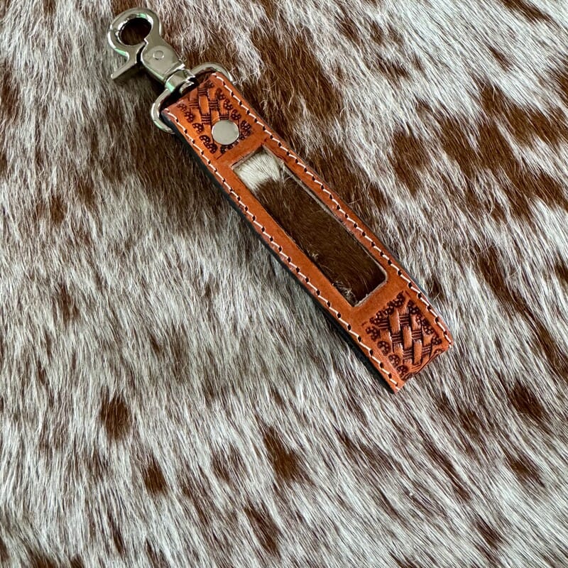 Hot Damn hand-tooled leather and cowhide key fob with keyring by On A Whim Hats