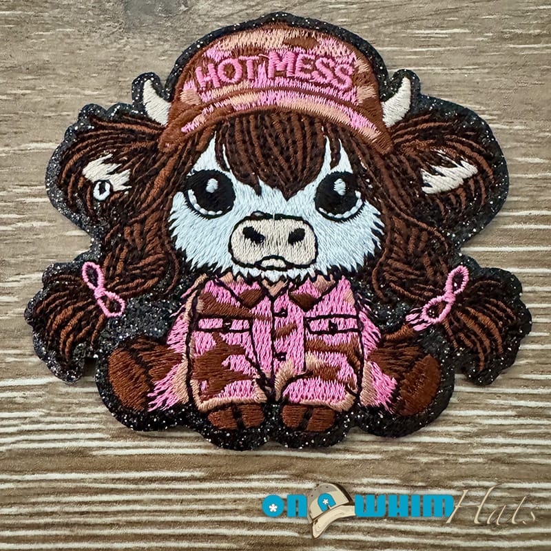 On A Whim Hats Hot Mess Pink Highland Cow Iron-On Patch