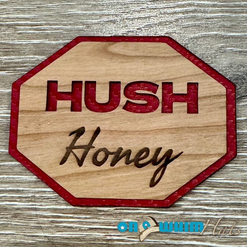 On A Whim Hats Hush Honey  Iron-On Wood and Leather Patch